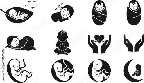 Silhouette Set of Babies, Fetuses, and Parental Care Symbols, Pregnancy, Sleep, Protection, Black Vector Icons for Maternity Themes