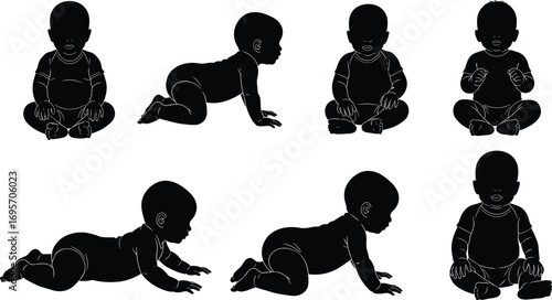 Silhouette Set of Baby Poses and Movements, Crawling, Sitting, Lying Down, Gestures and Growth Stages, Black Vector Icons