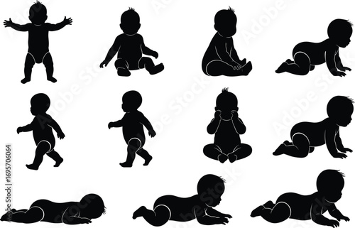 Silhouette Set of Baby Poses and Movements, Crawling, Sitting, Standing, Walking, Early Childhood Development, Black Vector Icons