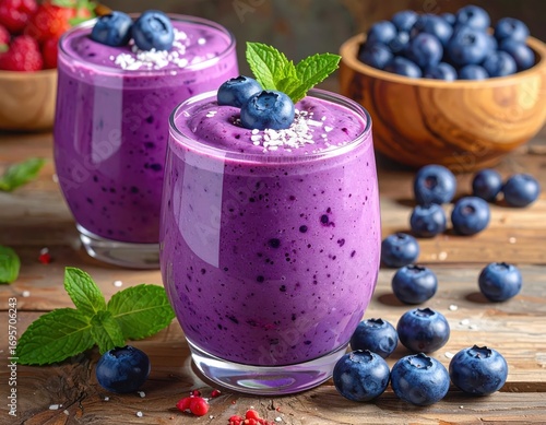 Two vibrant purple blueberry smoothies, garnished with fresh mint and coconut flakes, sit on a rustic wooden surface.