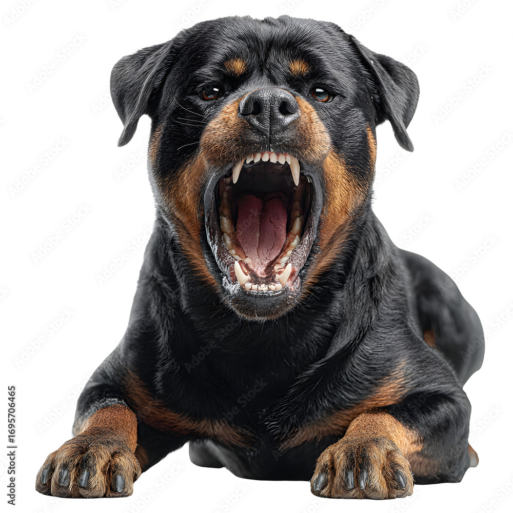 Fototapeta premium Scary Rottweiler dog with open mouth and visible fangs white isolated background image, clear detail and natural light, simple clean look simple style clean look soft tone calm mood minimal style natu