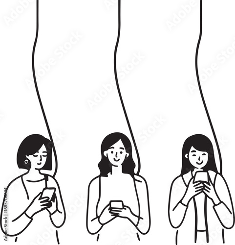 Hand drawn illustration of people using smartphones, social media communication, digital connection, online chatting concept