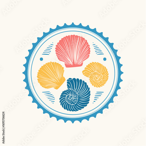 Vintage marine stamp with hand drawn seashells. Minimalist vintage marine prints. Summer coastal design elements