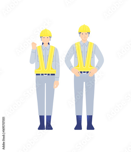 反射ベストを着用した工事現場の男女誘導員 信頼感のあるガードマンの人物イラストセット