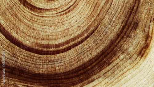 Natural wooden background, close up wood annual rings form. Top view of cross section of juniper tree, graphic nature organic pattern. Sawed timber with tree ring print, natural textures banner