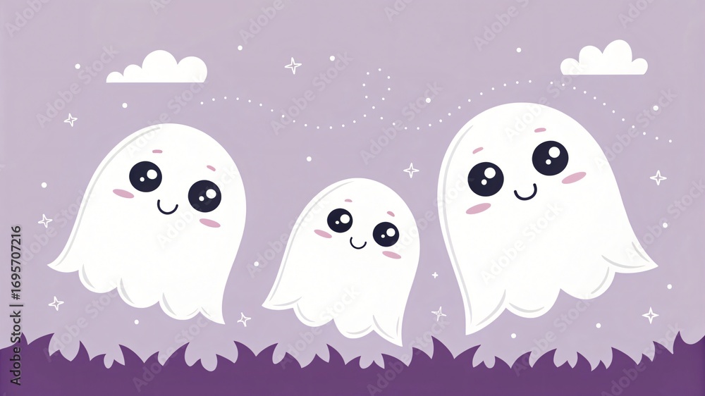 Obraz premium Adorable Cartoon Ghosts Family Halloween Illustration Cute Spooky Spirit Characters Design