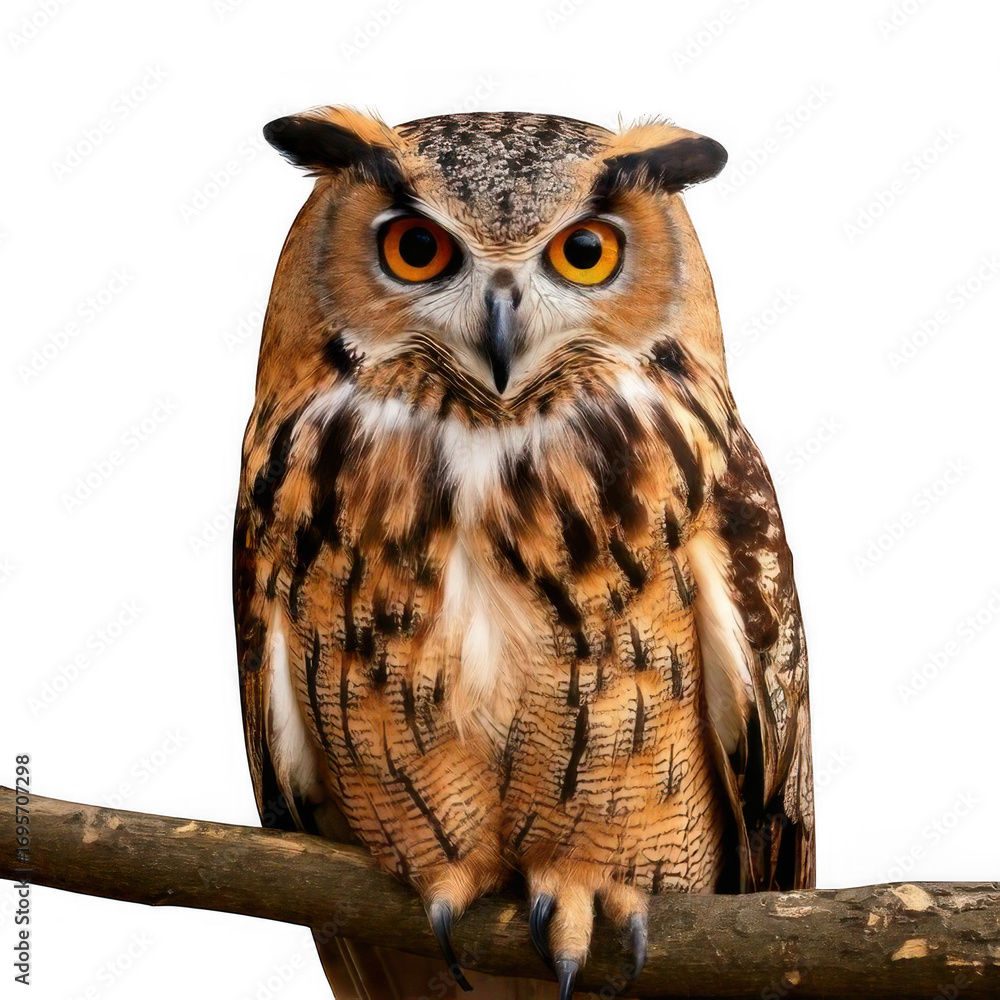 Obraz premium Owl sitting on branch, isolated on white and transparent background.