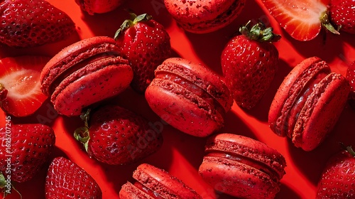 Strawberry Macarons and Fresh Strawberries on Red Background Flat Lay