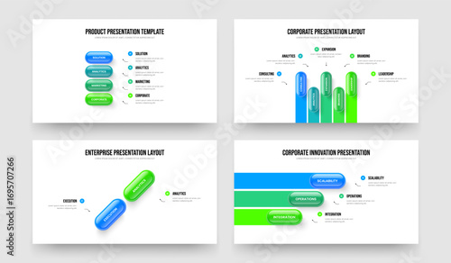 Company Innovation Four Five Two Three Step Infographic Presentation Layout Vector Illustration Set. Financial Review 4 5 2 3 Element Diagram Slideshow Template Bundle.