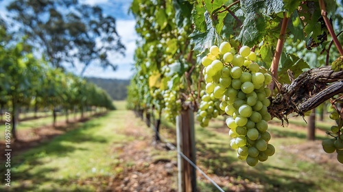 Green Grapes Hanging in Vineyard on Sunny Day for Winemaking