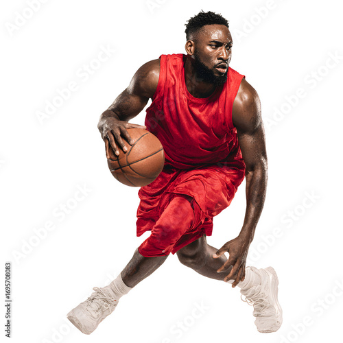 Side view of pro basketball player dribbling a ball while running in red jersey white isolated background image, clear detail and natural light, simple clean look simple style clean look soft tone cal