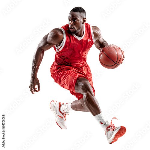 Side view of pro basketball player dribbling a ball while running in red jersey white isolated background image, clear detail and natural light, simple clean look simple style clean look soft tone cal