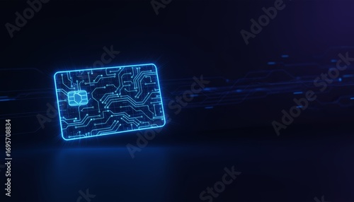Minimalistic Neon Credit Card Silhouette with Glowing Circuit Design against a Dark Background for Modern Fintech Applications and Digital Payment Concepts