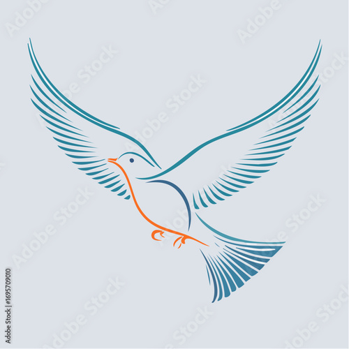 Graceful flying dove created with elegant blue and orange lines, a beautiful symbol of peace, freedom, and hope