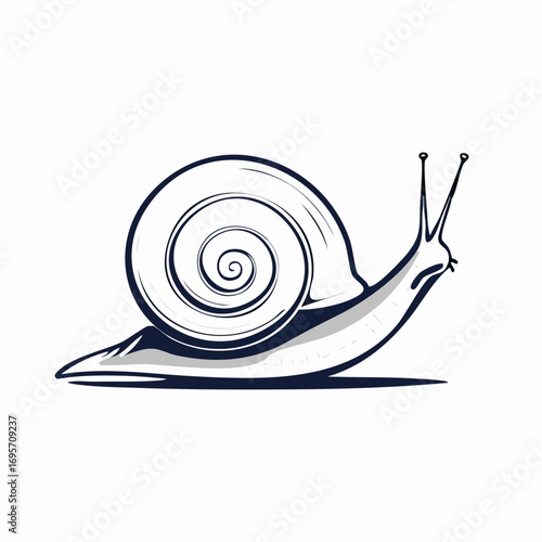 Minimalist black and white vector illustration of a crawling snail with a spiral shell, a simple emblem symbolizing slowness, patience, and steady progress