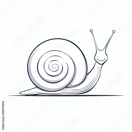 A charming line art illustration of a cute, smiling cartoon snail. This simple graphic of a gentle mollusk with a spiral shell symbolizes slowness and patience