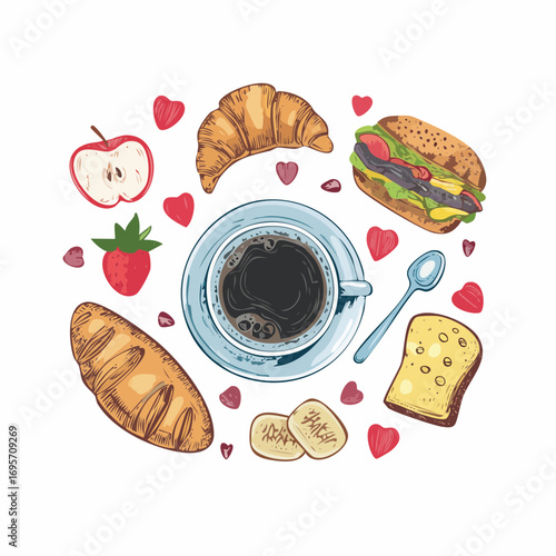 Hand drawn breakfast chalk vector illustrations. Coffee, croissant, cheese and bread drawings for invitations, menus and parties.