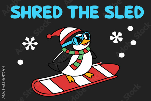 Cheerful cartoon penguin in a cozy winter hat and scarf, expertly gliding down a frosty slope on a vibrant candy cane shaped snowboard, embodying holiday joy