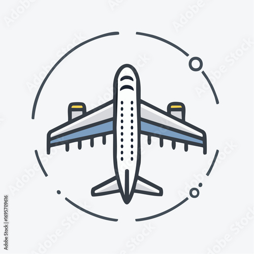 Vector line icon of a commercial airplane representing global air travel, transportation, and tourism concepts