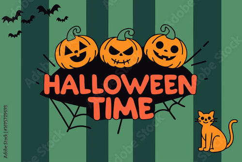 Happy Halloween Time illustration featuring carved pumpkins, bats, spiderwebs, and a playful cat on a striped green background, perfect for festive decorations and seasonal greetings