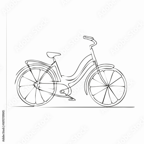 Elegant one-line art illustration of a retro cruiser bicycle. Simple black and white sketch for sustainable lifestyle and urban travel themes