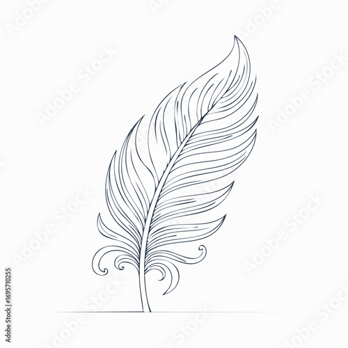 Elegant hand-drawn feather sketch with ornate swirls. A vintage style quill illustration for concepts of lightness, writing, and freedom