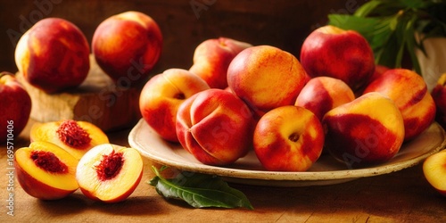 Fresh peaches on a plate, a still life composition of juicy summer fruit.