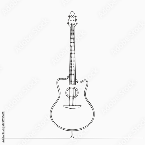 Acoustic guitar illustrated in a single continuous line drawing. Minimalist musical string instrument art on a white background
