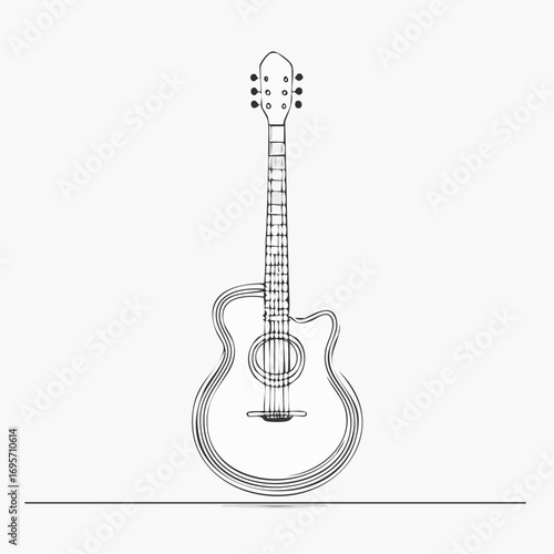 Single continuous line drawing of a classic acoustic guitar. Minimalist musical instrument art concept for musicians