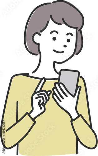 スマホを見る女性 ネット 手続き 笑顔 イラスト素材