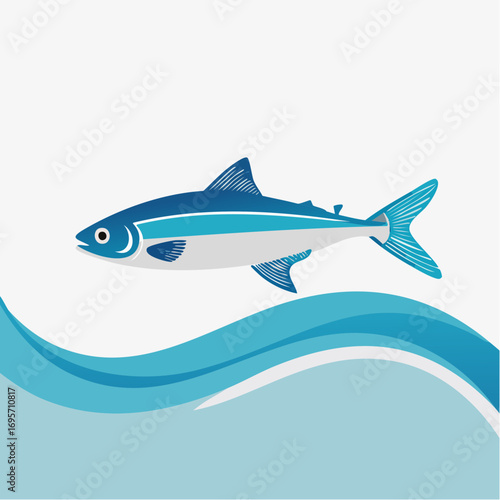 Stylized blue fish illustration jumping over ocean waves. Simple aquatic graphic design for a seafood or fishing concept isolated on a white background