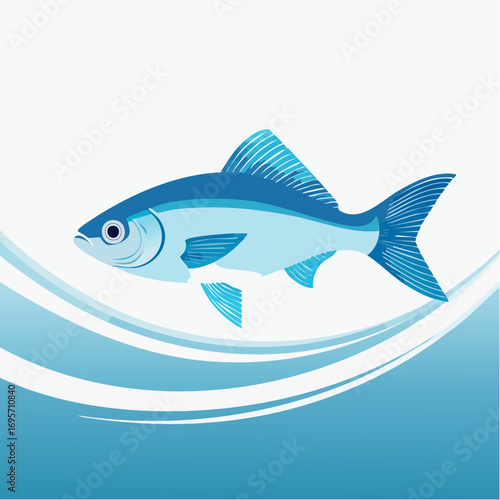 Vibrant blue fish gracefully swimming above stylized ocean waves, depicting marine life and a serene underwater environment, perfect for aquatic themes and peaceful designs