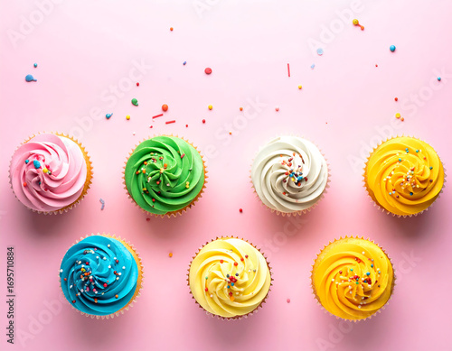 Seven colorful cupcakes with vibrant frosting and sprinkles arranged on pink.