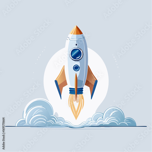 Conceptual illustration of a business startup launch, with a rocket ship taking off to represent innovation, success, and new project development