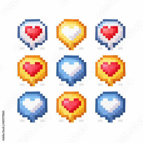 Pixels elements for game vector set. Pixel dialogue boxes, hearts, chat speech bubbles, flash message frames with text or empty dialog communication box in 8 bit retro style.