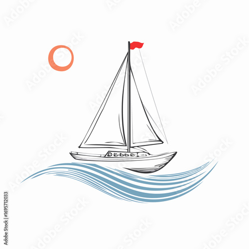 A beautiful sailboat glides across a wavy sea under a bright sun, evoking a sense of adventure and freedom