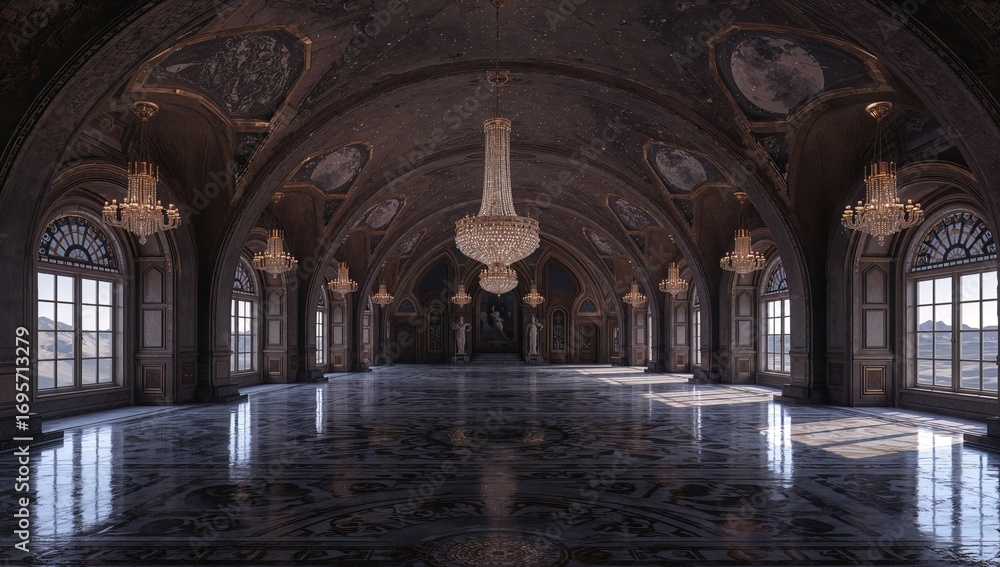 Fototapeta premium An opulent hall with a high, arched ceiling adorned with intricate designs and multiple chandeliers. The floor is polished and reflective, and large arched windows allow streams of light to illuminate
