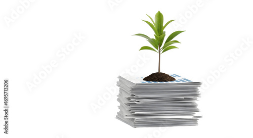 Small green plant growing from a stack of paper isolated on transparent background, symbolizing growth, sustainability, and environmental awareness