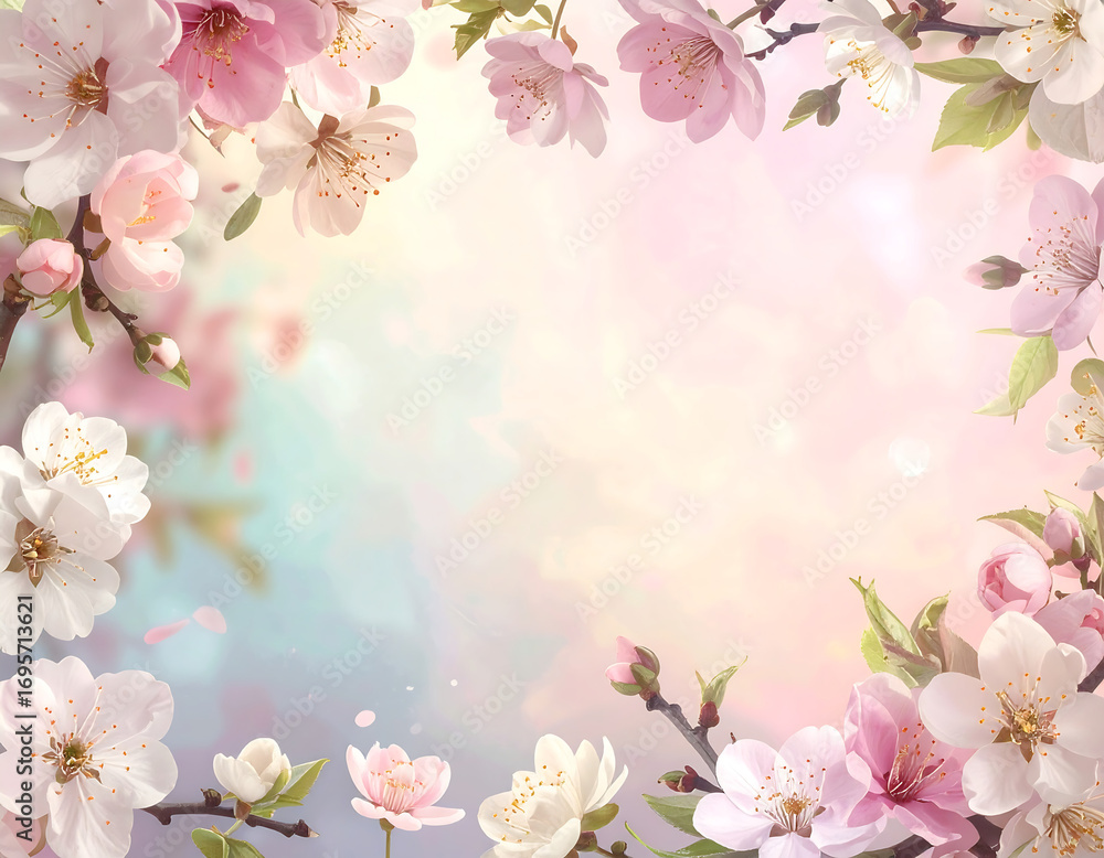 Obraz premium Floral frame with pink and white blossoms, soft pastel background, creating a delicate and dreamy border.