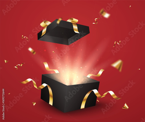 Elegant Opening Black gift boxes with golden confetti and ribbons, on red backgrounds