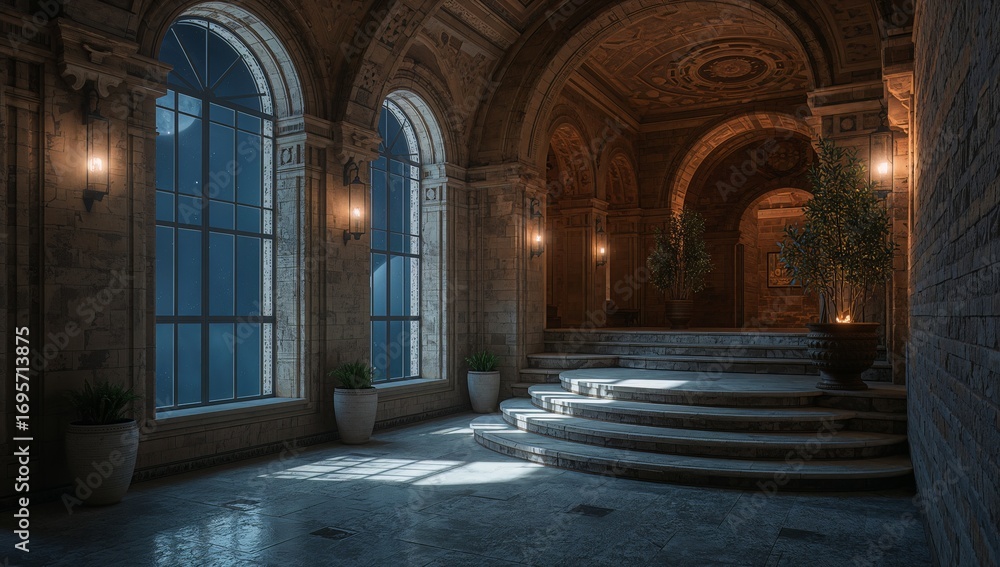 Fototapeta premium A grand, elegant interior features a series of large arched windows allowing soft light to illuminate the space. The room has ornate walls and a set of curved stone steps leading to an elevated area. 