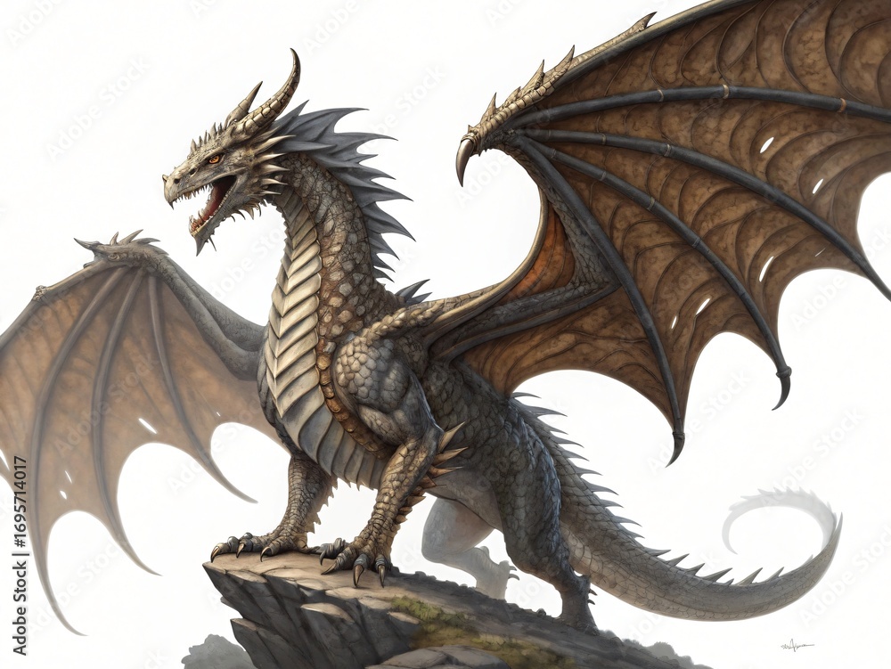 Majestic Grey Dragon Fantasy Creature Perched on Rocky Clifftop Wings Spread Wide Majestic Grey Dragon Fantasy Creature Perched on Rocky Clifftop Wings Spread Wide