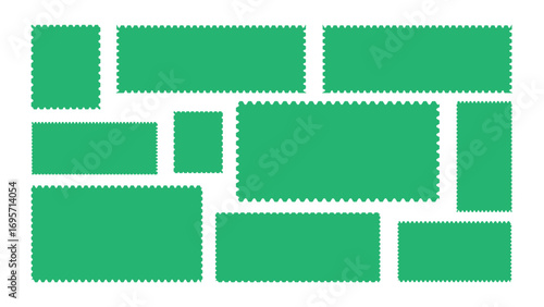 Assorted green paper rectangles with jagged edges for design elements