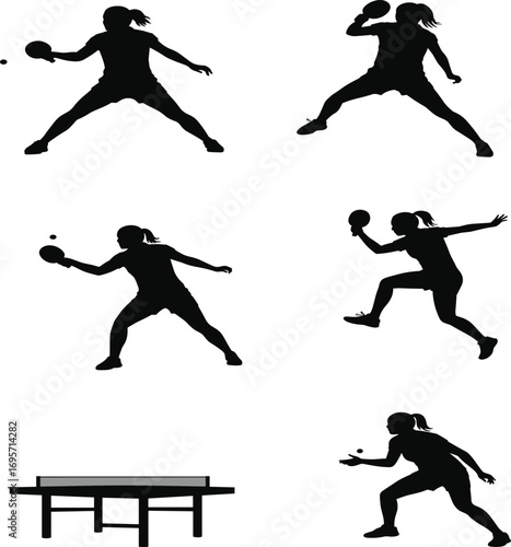 Table tennis player silhouette vector set, ping pong action poses with racket and table for sports design and athletic concept