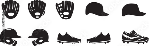 Collection of baseball equipment silhouette icons