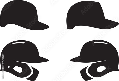 Four baseball helmets and caps silhouette icons representing different views