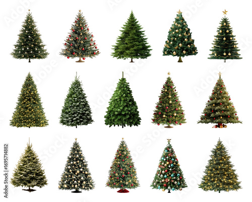 PNG Variety of decorated Christmas trees, element set on transparent background
