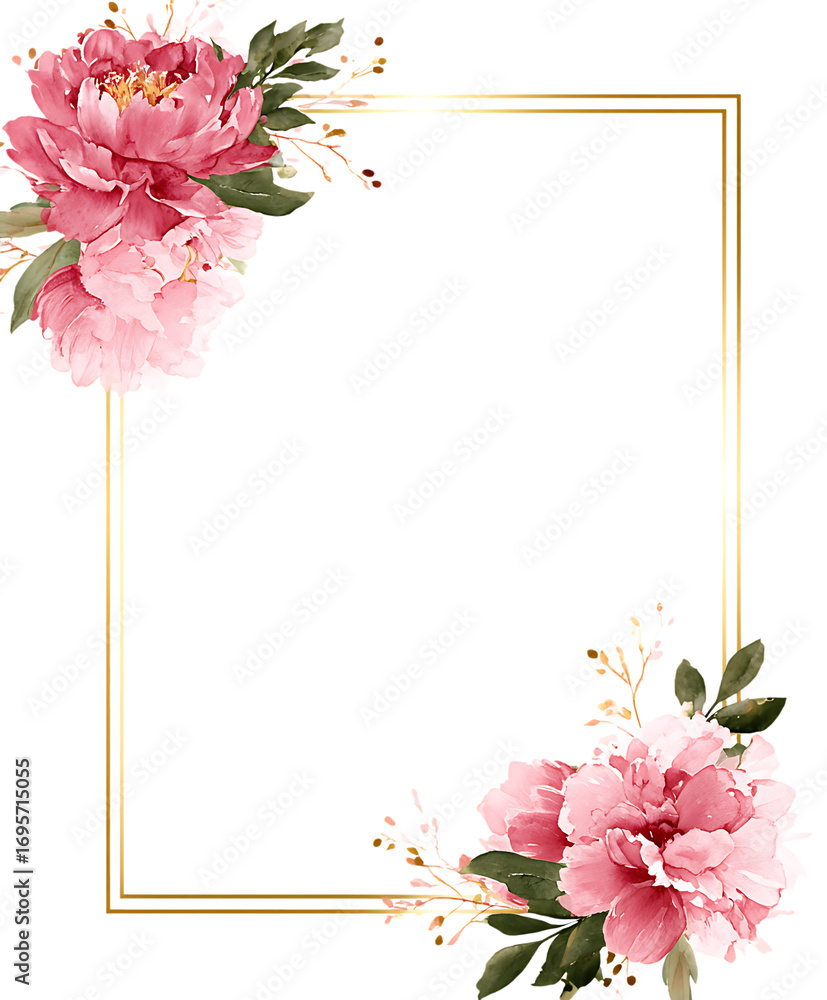 Naklejka premium Elegant gold frame adorned with pink peonies. Perfect for invitations or cards.