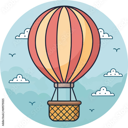 Cute Hot Air Balloon Floating in the Sky with Clouds and Birds – Cartoon Illustration