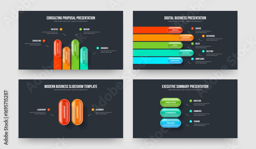 Project Visualization 4 5 2 3 Element Diagram Presentation Design Set. Modern Report Four Five Two Three Step Infographic Slide Template Vector Illustration Collection.